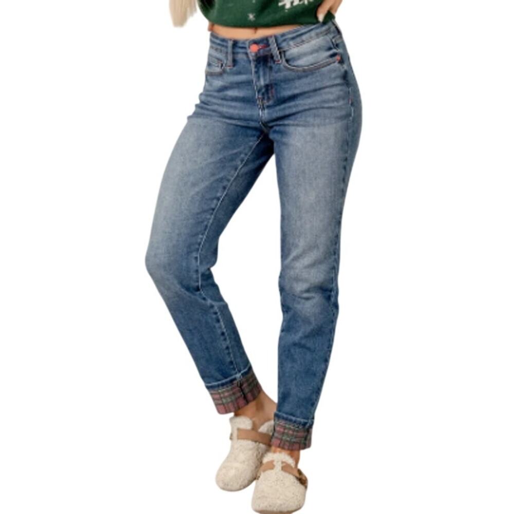 Judy Blue Buffalo Plaid Cuffed Mid Rise Boyfriend 7/28 JB88877